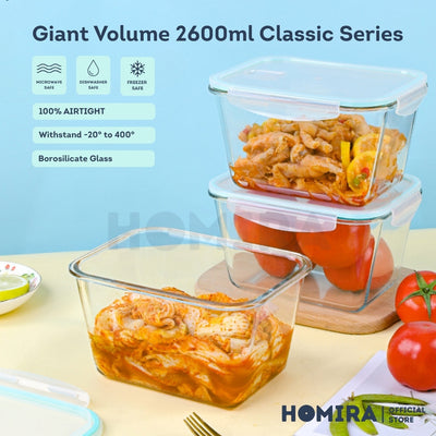 Homira Classic Big Rectangle Borosilicate Glass Food Container 2600ml – Large Airtight Oven Safe