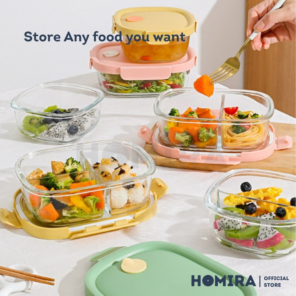 Homira Summer Series Borosilicate Glass Food Container – Airtight Leakproof Lunch Box | (450ml–940ml)