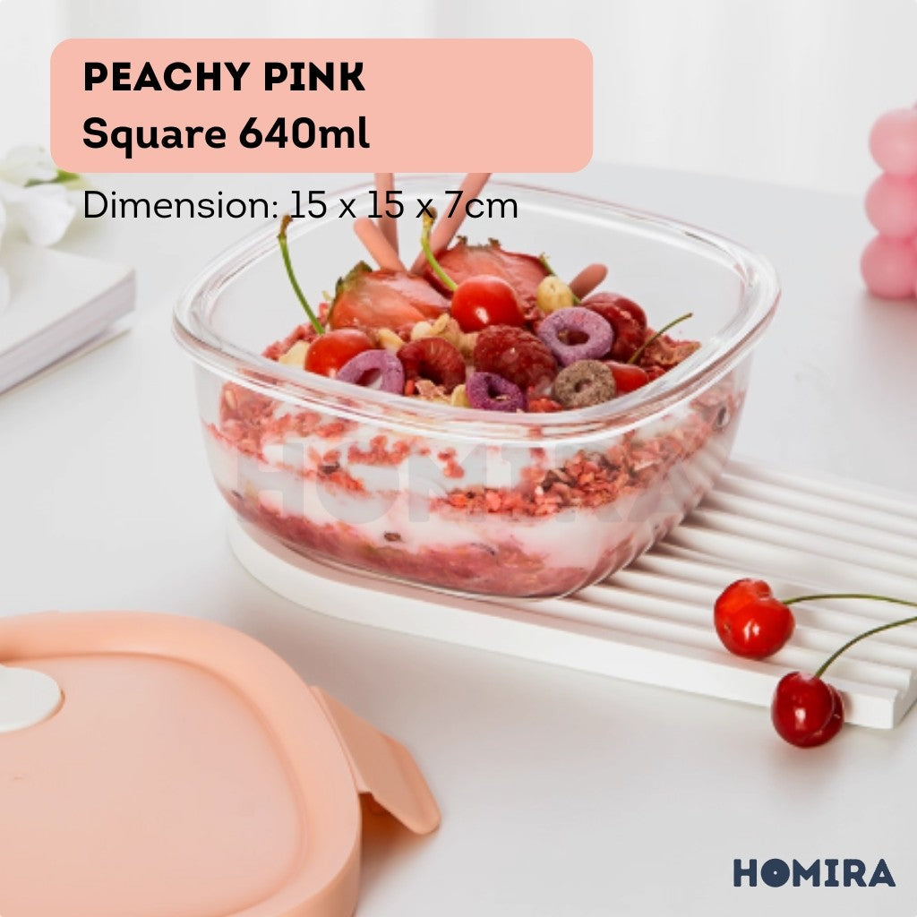 Homira Peachy Pink Borosilicate Glass Food Container – Airtight Leakproof Lunch Box | (450ml–940ml)