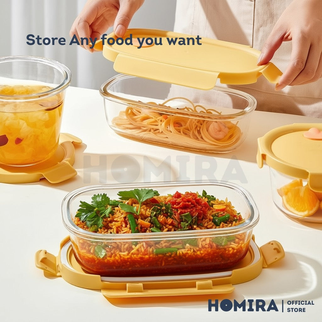 Homira Sunshine Yellow Borosilicate Glass Food Container – Airtight Leakproof Lunch Box | (450ml–940ml)