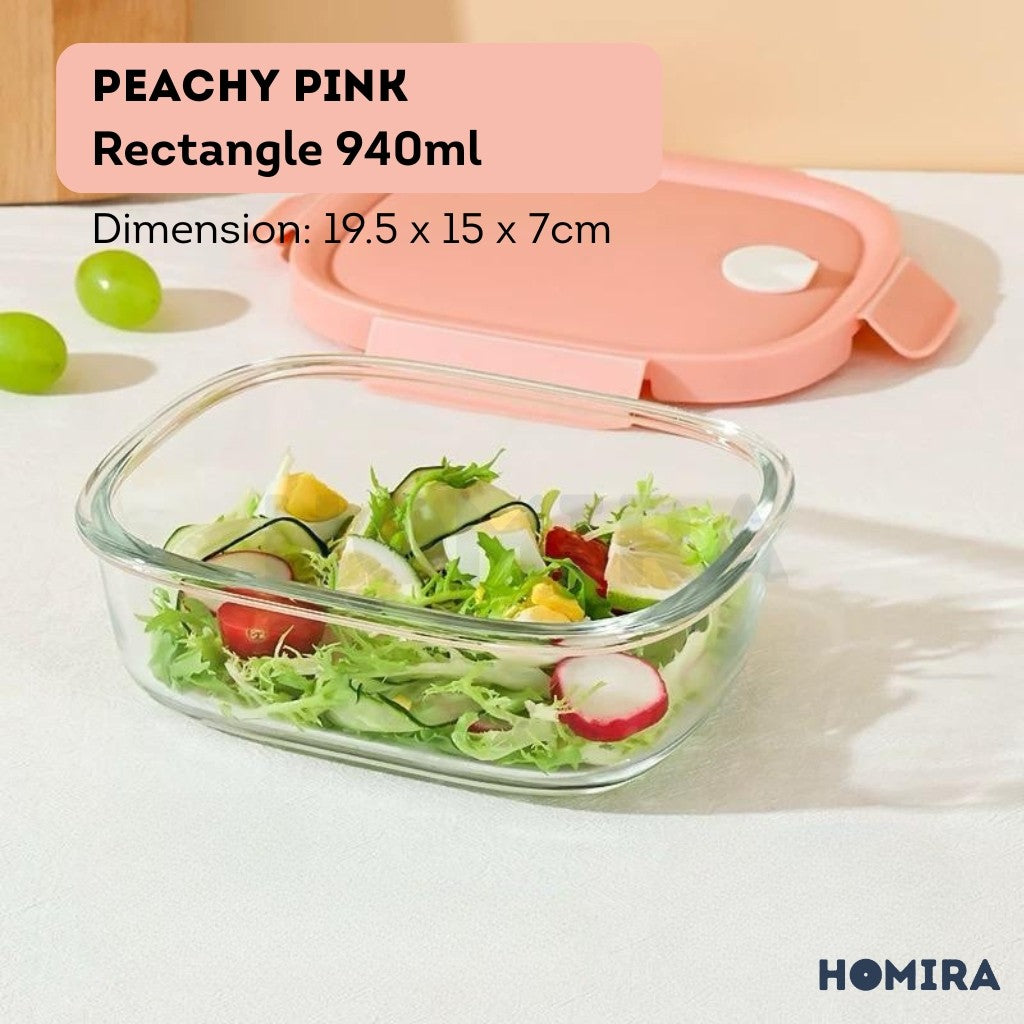 Homira Summer Series Rectangle Borosilicate Glass Food Container – Airtight Lunch Box | Oven Safe (760ml-940ml)