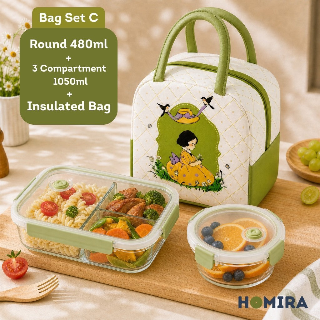 HOMIRA Daisy Girl Series Glass Lunch Box & Insulated Bag Set (480ml - 1100ml)