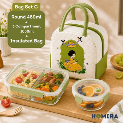 HOMIRA Daisy Girl Series Glass Lunch Box & Insulated Bag Set (480ml - 1100ml)