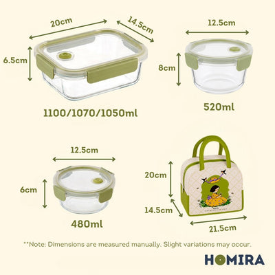 HOMIRA Daisy Girl Series Glass Lunch Box & Insulated Bag Set (480ml - 1100ml)