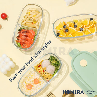 Homira Long Oval Borosilicate Glass Food Container 760ml – Airtight Leakproof Lunch Box | Microwave & Oven Safe