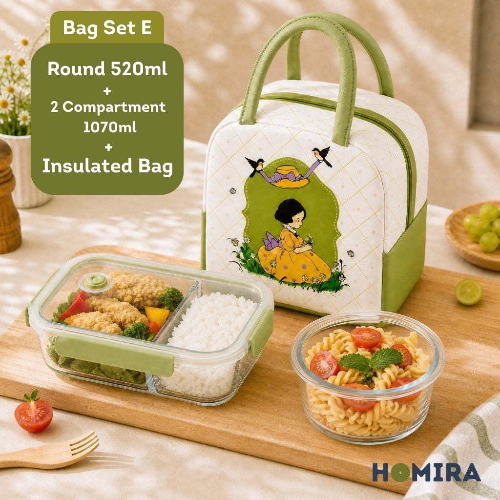 HOMIRA Daisy Girl Series Glass Lunch Box & Insulated Bag Set (480ml - 1100ml)