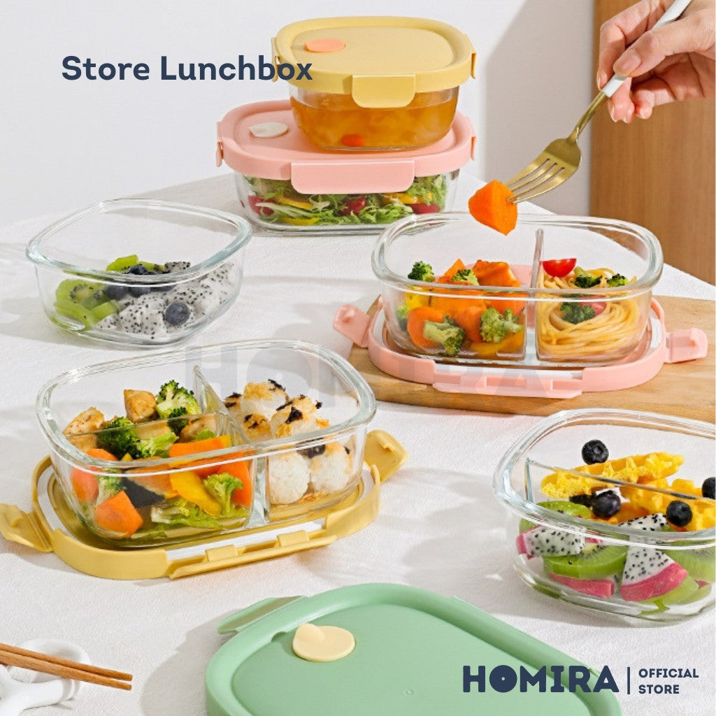Homira Summer Series Rectangle Borosilicate Glass Food Container – Airtight Lunch Box | Oven Safe (760ml-940ml)