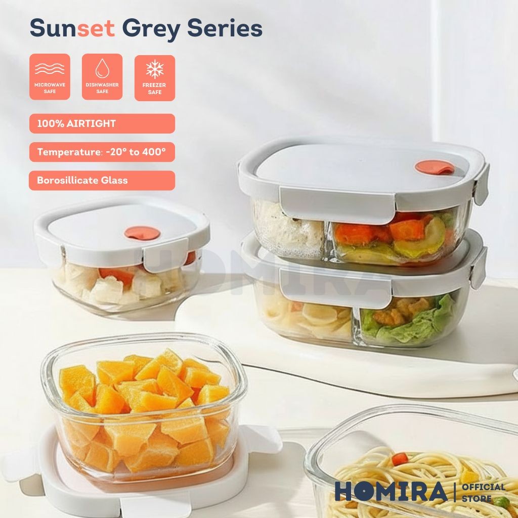 Homira Sunset Grey Series Borosilicate Glass Food Container – Airtight Leakproof Lunch Box | (640ml–940ml)