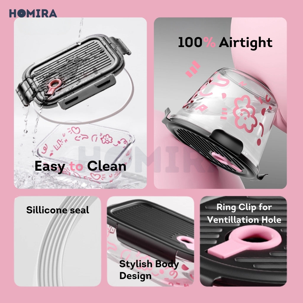 Homira Lovey Cloud Series Borosilicate Glass Food Container with Bag Set – Airtight Lunch Box | (450ml–1100ml)