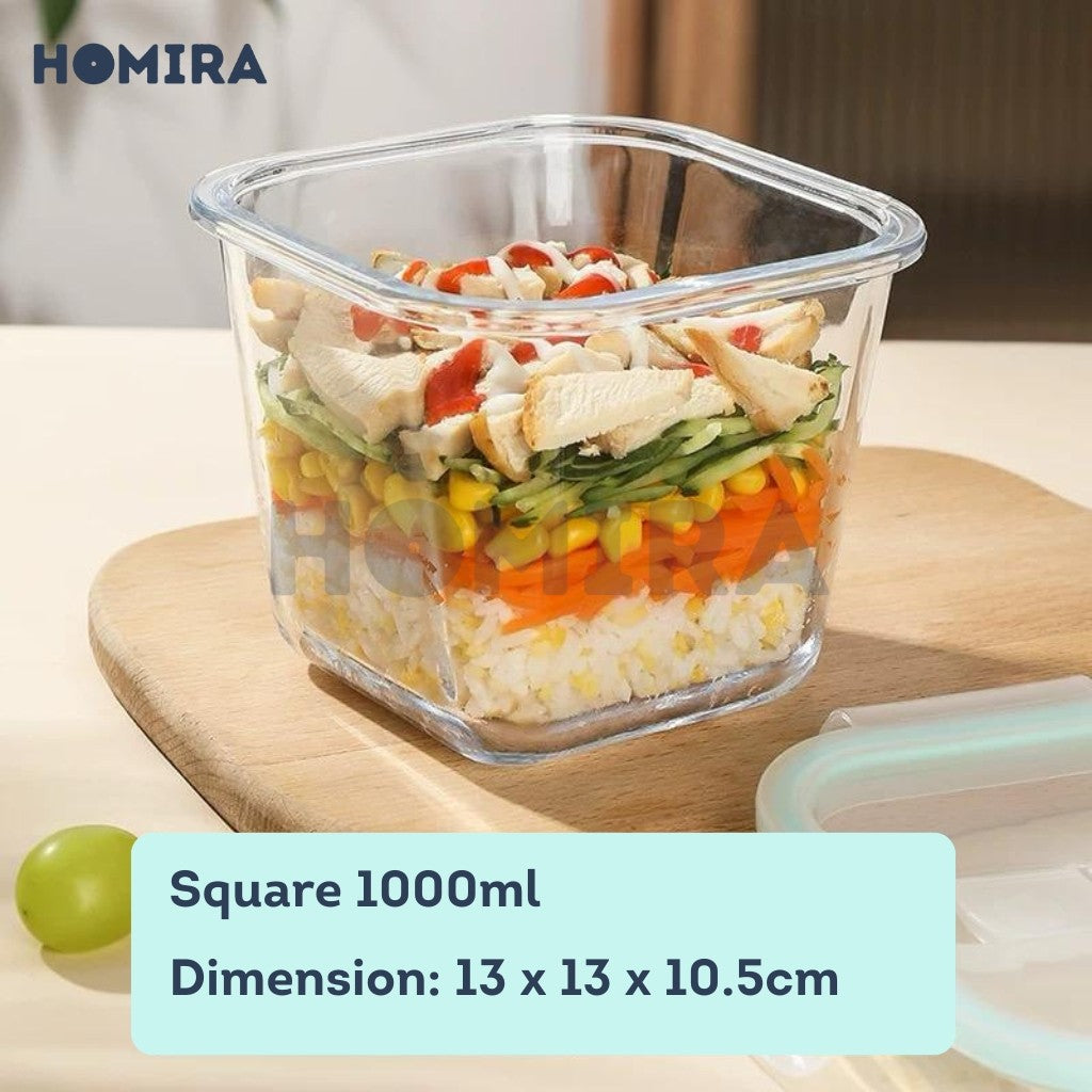 Homira Classic Series Square Borosilicate Glass Food Container 1000ml – Airtight Leakproof | Oven Safe Meal Prep Storage