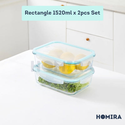 Homira Classic Rectangle Borosilicate Glass Food Container 1520ml – Airtight Leakproof | Oven Safe
