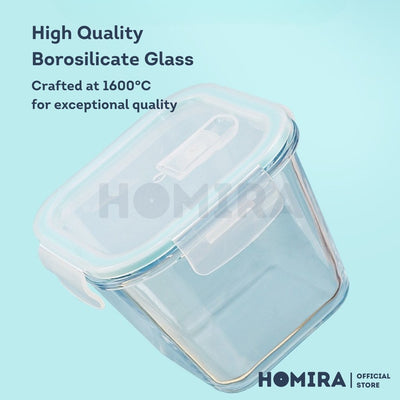 Homira Classic Series Square Borosilicate Glass Food Container 1000ml – Airtight Leakproof | Oven Safe Meal Prep Storage