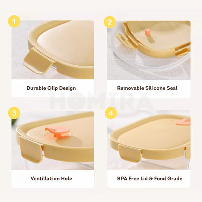 Homira Sunshine Yellow Borosilicate Glass Food Container – Airtight Leakproof Lunch Box | (450ml–940ml)