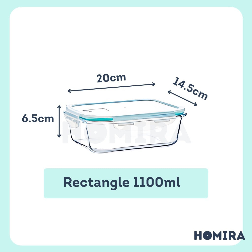 Homira Classic Rectangle Borosilicate Glass Food Container – Airtight Leakproof Oven Safe Lunch Box | (700ml–1520ml)