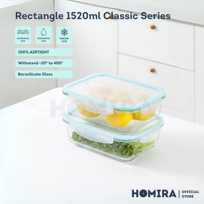 Homira Classic Rectangle Borosilicate Glass Food Container 1520ml – Airtight Leakproof | Oven Safe