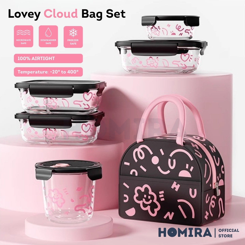 Homira Lovey Cloud Series Borosilicate Glass Food Container with Bag Set – Airtight Lunch Box | (450ml–1100ml)