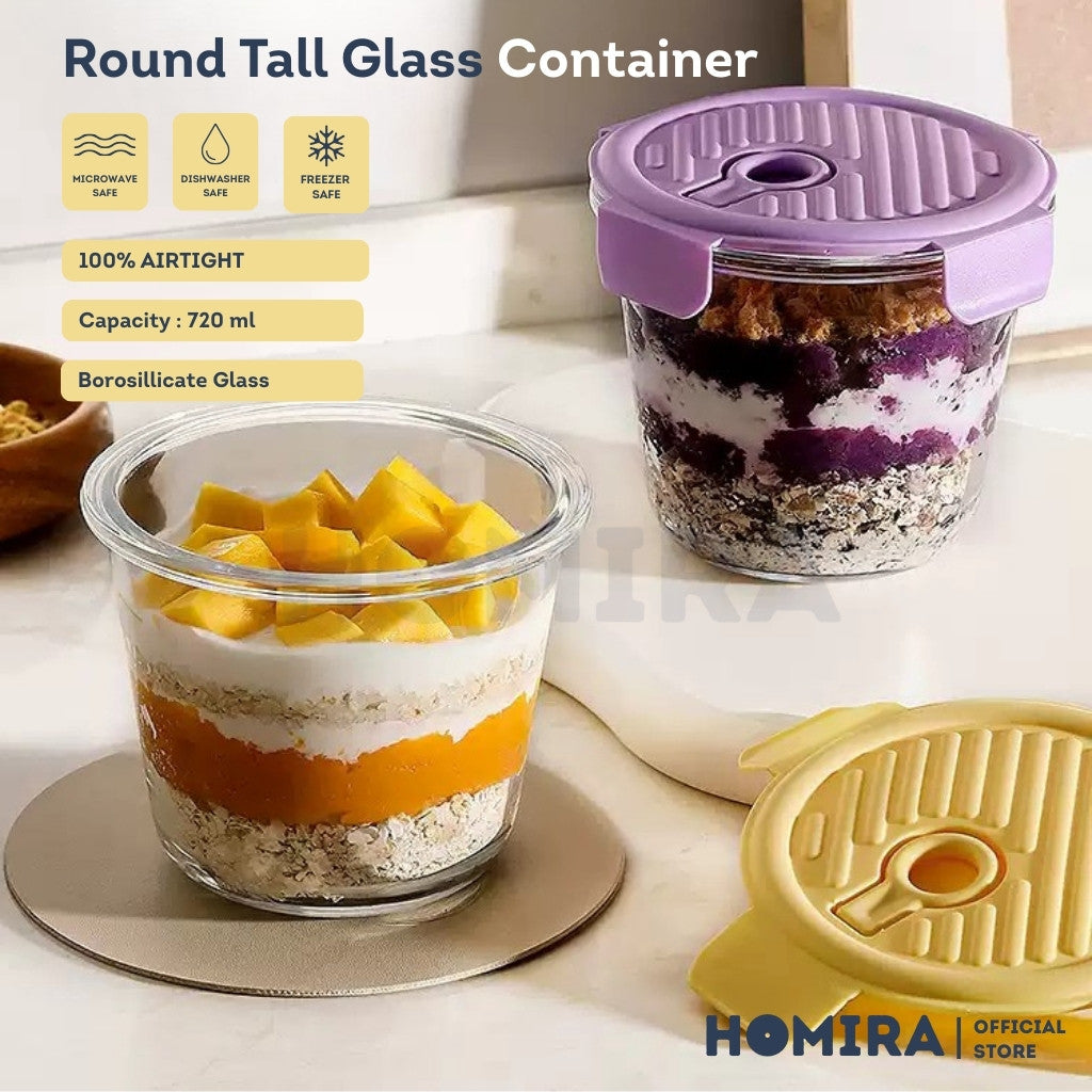 Homira Round Tall Borosilicate Glass Food Container 720ml – Airtight Leakproof Lunch Box | Microwave Oven Safe