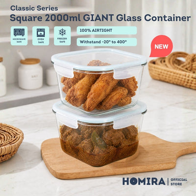 HOMIRA Classic Series Square Giant Borosilicate Glass Food Container (2000ml)