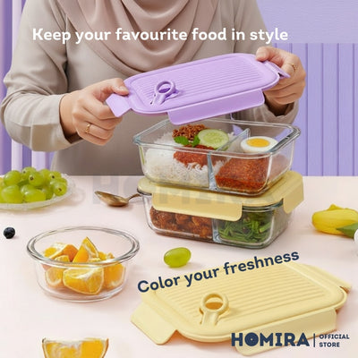 Homira Floral Blossom Series Borosilicate Glass Food Container – Airtight Leakproof Lunch Box | (450ml–1100m)