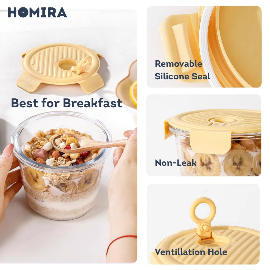Homira Round Tall Borosilicate Glass Food Container 720ml – Airtight Leakproof Lunch Box | Microwave Oven Safe