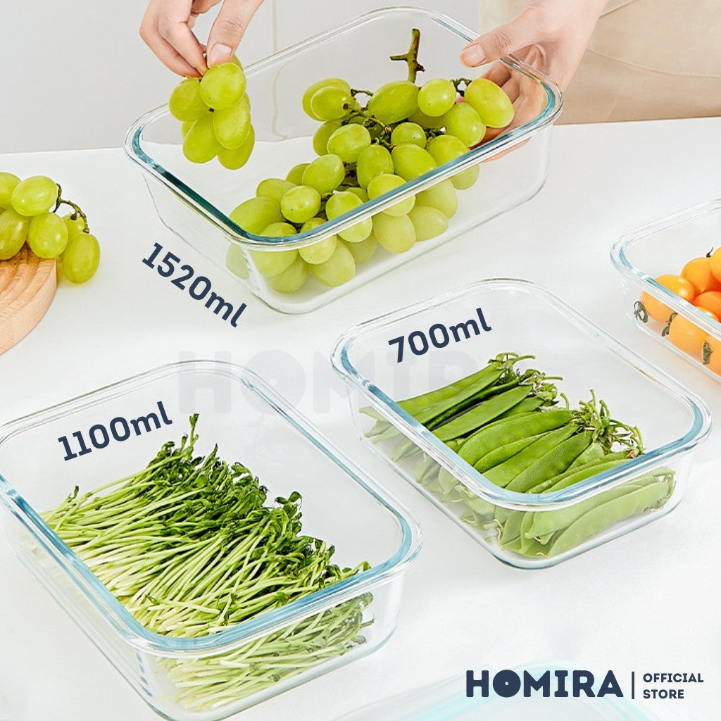 Homira Classic Rectangle Borosilicate Glass Food Container – Airtight Leakproof Oven Safe Lunch Box | (700ml–1520ml)