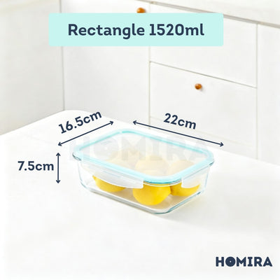 Homira Classic Rectangle Borosilicate Glass Food Container 1520ml – Airtight Leakproof | Oven Safe