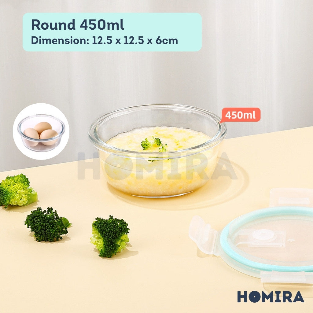 Homira Classic Series Mini Borosilicate Glass Food Container – Airtight Leakproof | (130ml–450ml)