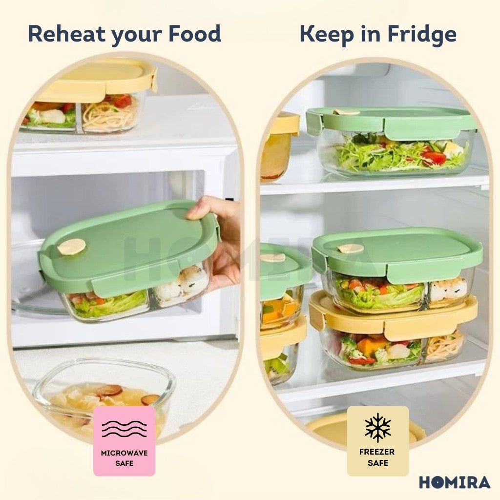 Homira Summer Series Rectangle Borosilicate Glass Food Container – Airtight Lunch Box | Oven Safe (760ml-940ml)