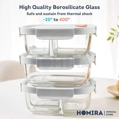 Homira Sunset Grey Series Borosilicate Glass Food Container – Airtight Leakproof Lunch Box | (640ml–940ml)