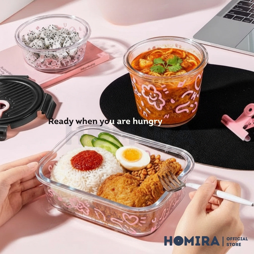 Homira Lovey Cloud Series Borosilicate Glass Food Container with Bag Set – Airtight Lunch Box | (450ml–1100ml)