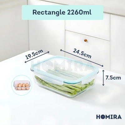 Homira Rectangle Borosilicate Glass Food Container 2260ml – Airtight Leakproof | Microwave & Oven Safe