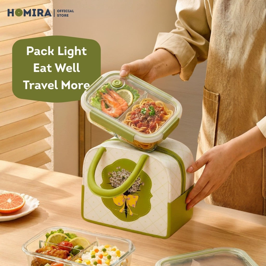 HOMIRA Daisy Girl Series Glass Lunch Box & Insulated Bag Set (480ml - 1100ml)