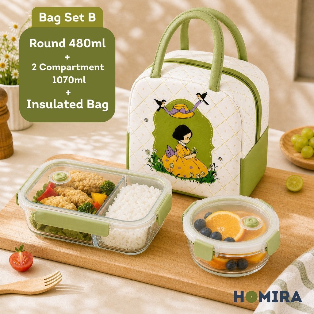 HOMIRA Daisy Girl Series Glass Lunch Box & Insulated Bag Set (480ml - 1100ml)