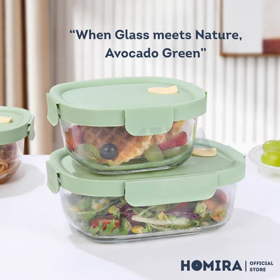 Homira Avocado Green Borosilicate Glass Food Container – Airtight Leakproof Lunch Box (450ml–940ml)
