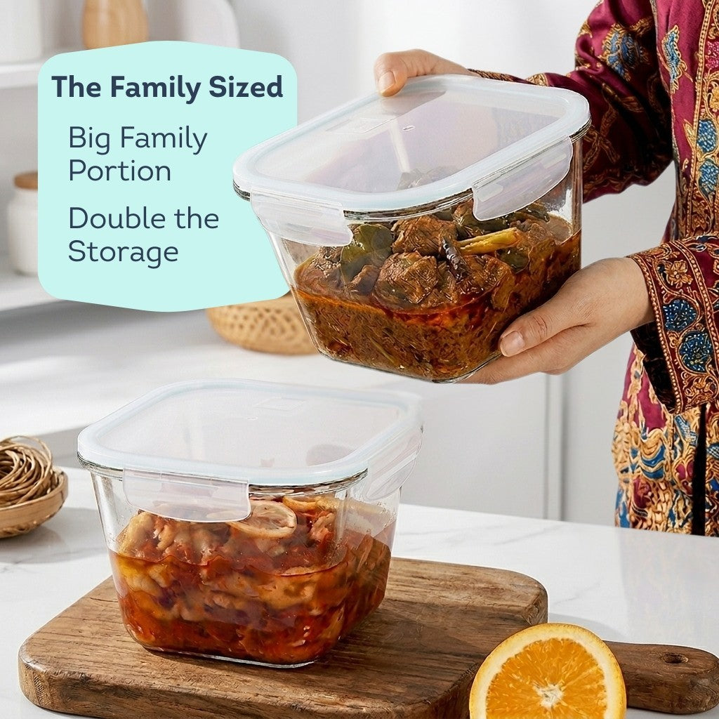 HOMIRA Classic Series Square Giant Borosilicate Glass Food Container (2000ml)