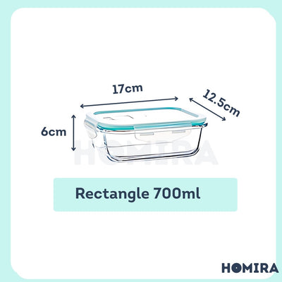 Homira Classic Rectangle Borosilicate Glass Food Container – Airtight Leakproof Oven Safe Lunch Box | (700ml–1520ml)