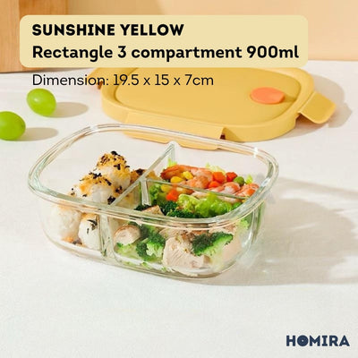 Homira Sunshine Yellow Borosilicate Glass Food Container – Airtight Leakproof Lunch Box | (450ml–940ml)