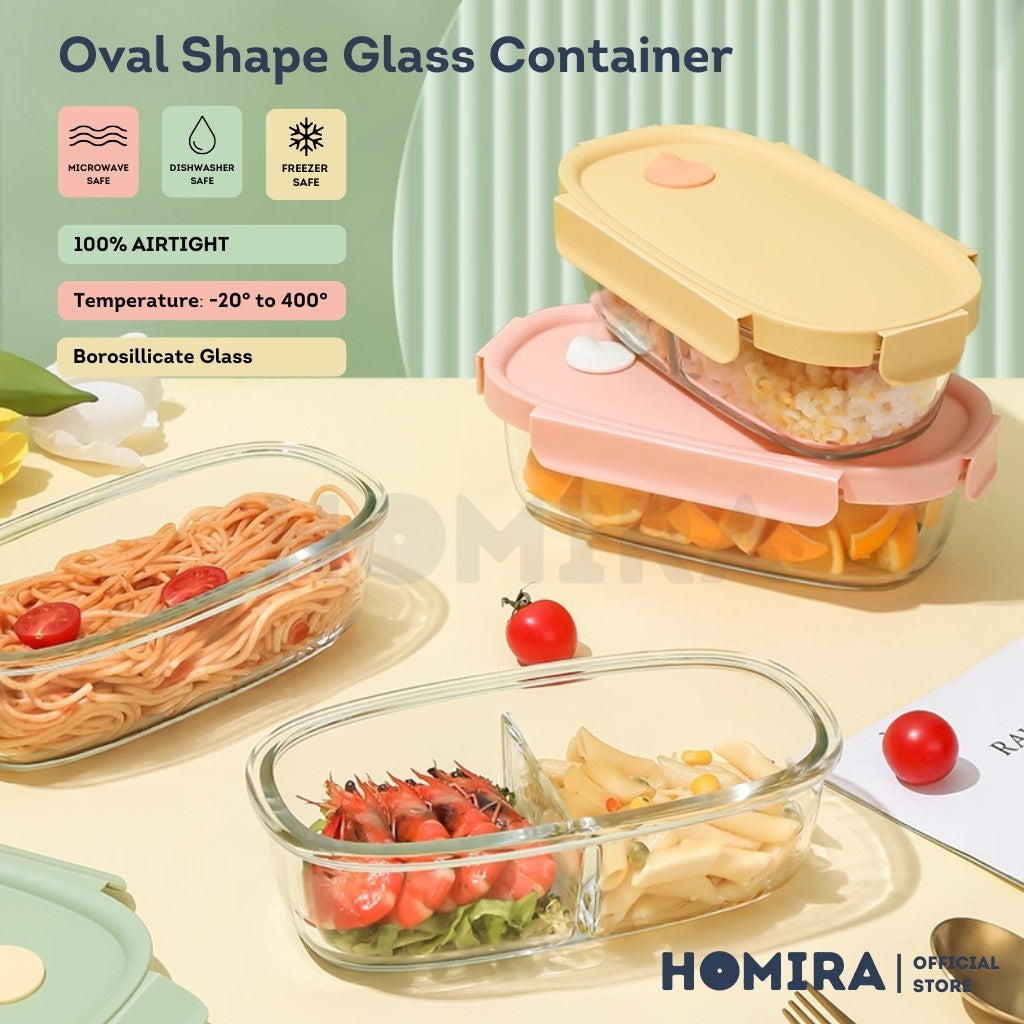 Homira Long Oval Borosilicate Glass Food Container 760ml – Airtight Leakproof Lunch Box | Microwave & Oven Safe