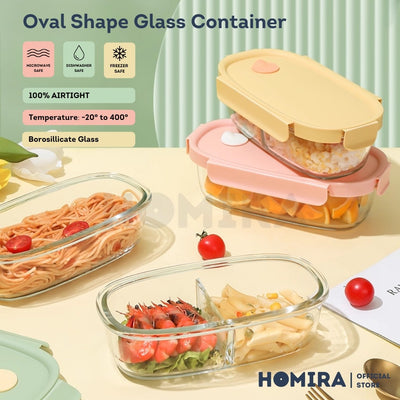 Homira Long Oval Borosilicate Glass Food Container 760ml – Airtight Leakproof Lunch Box | Microwave & Oven Safe