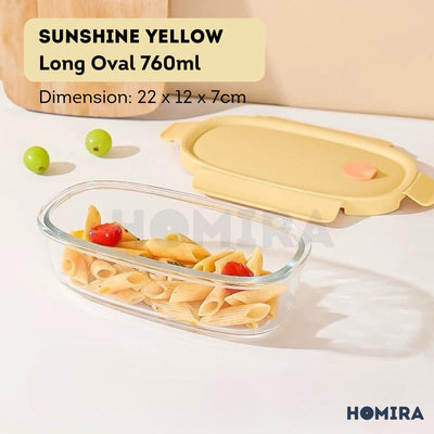 Homira Long Oval Borosilicate Glass Food Container 760ml – Airtight Leakproof Lunch Box | Microwave & Oven Safe
