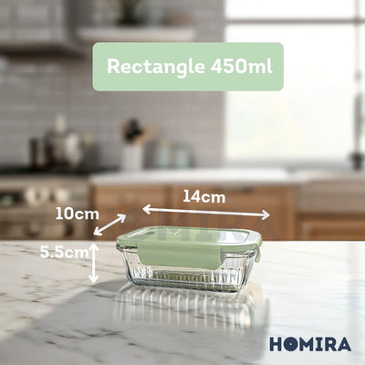 Homira Borosilicate Glass Food Container – Airtight Leakproof Oven Safe Lunch Box | Round & Rectangle (450ml-1050ml)