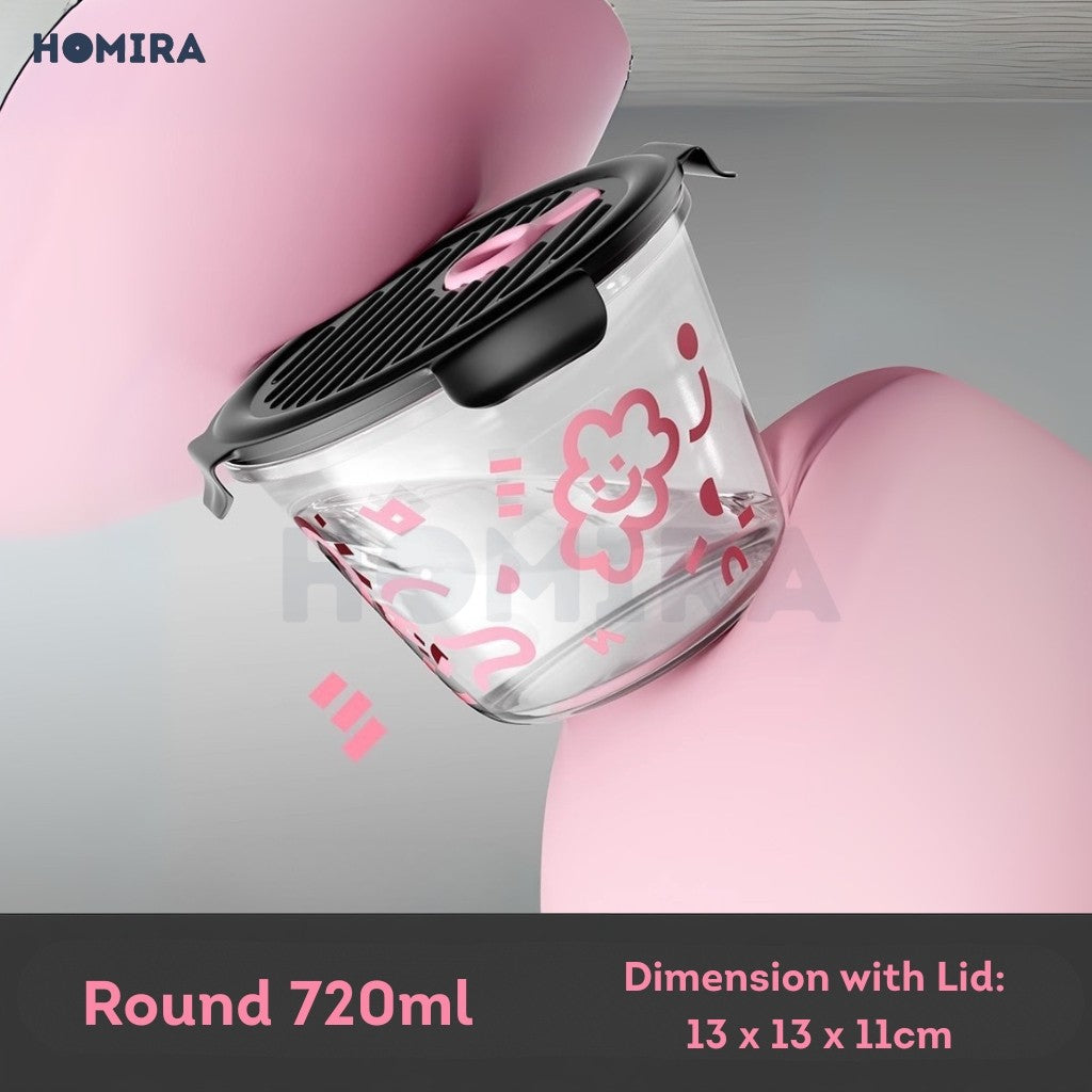 Homira Round Tall Borosilicate Glass Food Container 720ml – Airtight Leakproof Lunch Box | Microwave Oven Safe