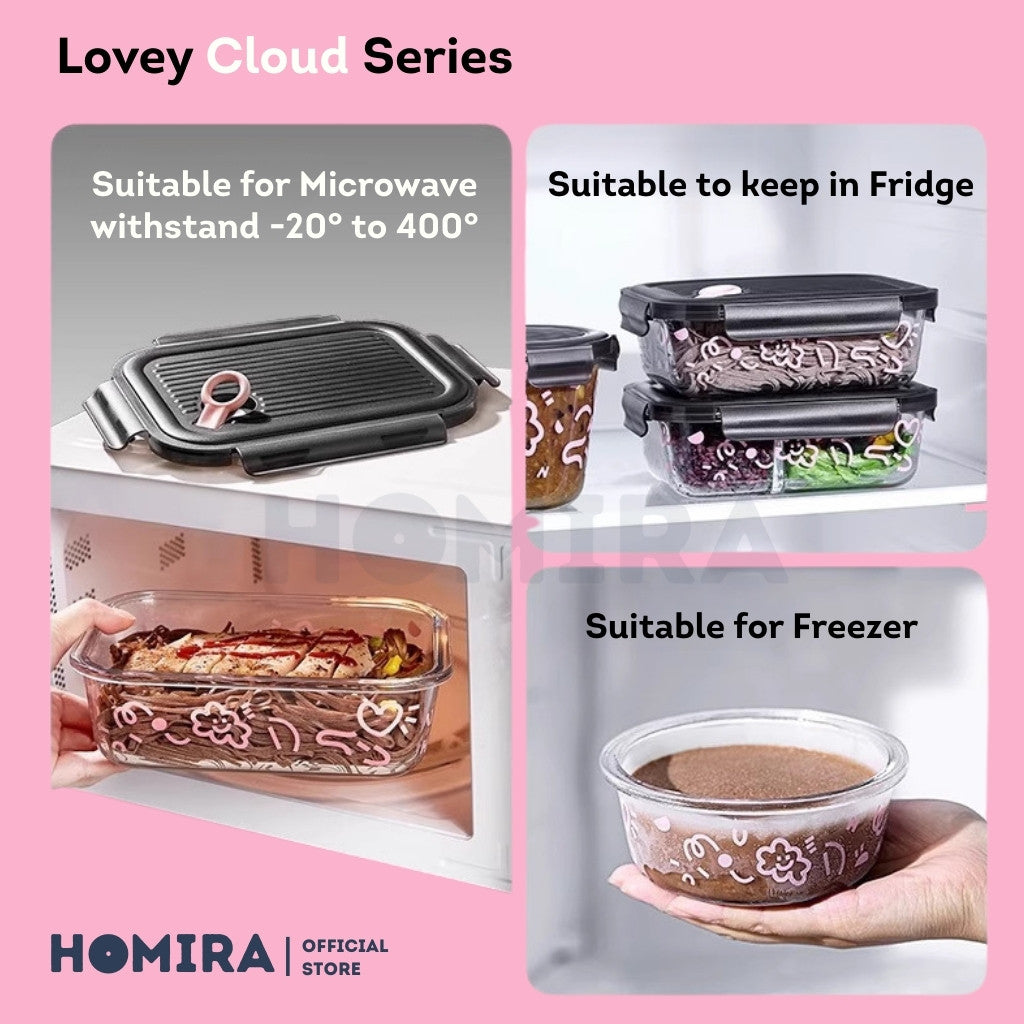 Homira Lovey Cloud Series Borosilicate Glass Food Container with Bag Set – Airtight Lunch Box | (450ml–1100ml)