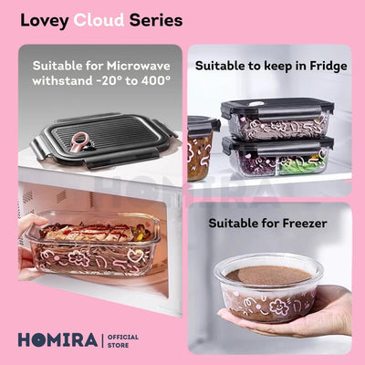 Homira Lovey Cloud Series Borosilicate Glass Food Container with Bag Set – Airtight Lunch Box | (450ml–1100ml)