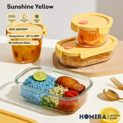 Homira Sunshine Yellow Borosilicate Glass Food Container – Airtight Leakproof Lunch Box | (450ml–940ml)