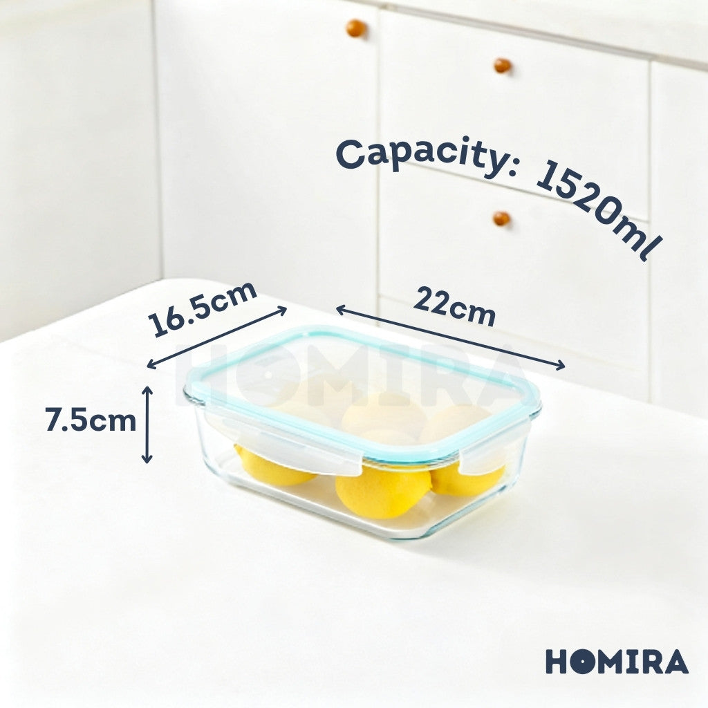 Homira Classic Rectangle Borosilicate Glass Food Container 1520ml – Airtight Leakproof | Oven Safe