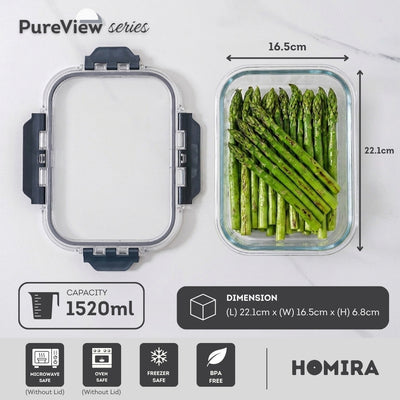 HOMIRA PureView Series Borosilicate Glass Food Container (370ml-2600ml)