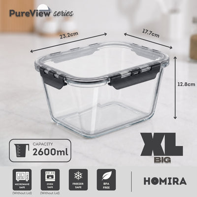 HOMIRA PureView Series XL Large Capacity Borosilicate Glass Food Container