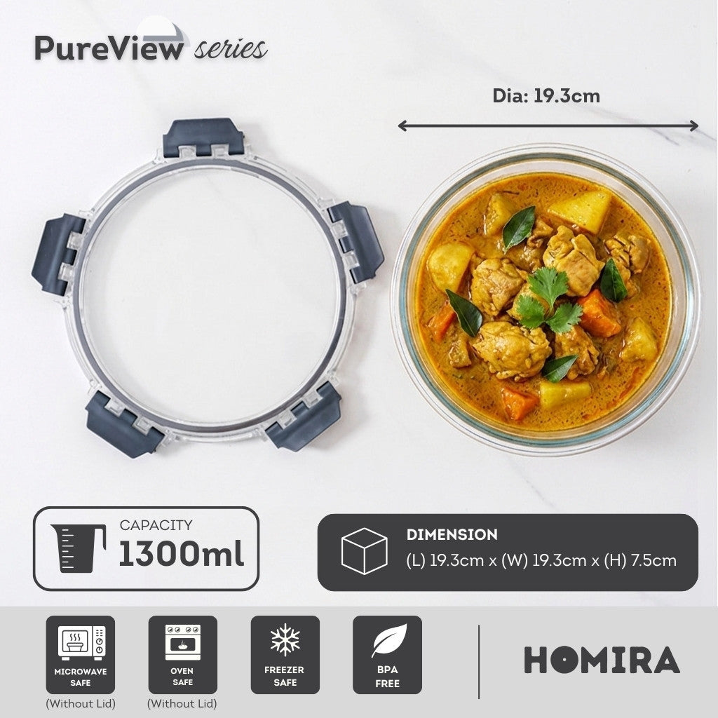 HOMIRA PureView Series Borosilicate Glass Food Container (370ml-2600ml)
