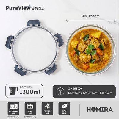 HOMIRA PureView Series Borosilicate Glass Food Container (370ml-2600ml)